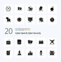 Paquete de 20 iconos de glifos sólidos de ciberseguridad y ciberseguridad como competencia experta carpeta segura maliciosa vector