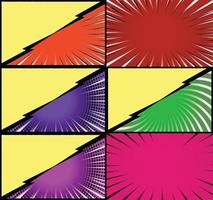 Comic book colorful frames background with halftone rays radial and dotted effects pop art style vector