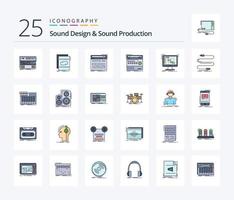 Sound Design And Sound Production 25 Line Filled icon pack including module. rack. mix. sound. midi vector