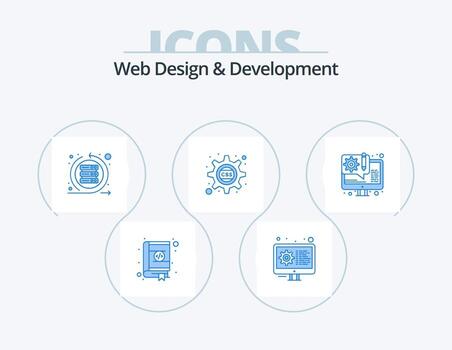 diseño y desarrollo web paquete de iconos azules 5 diseño de iconos. equipo css. diente. ajustes. en cascada pique vector