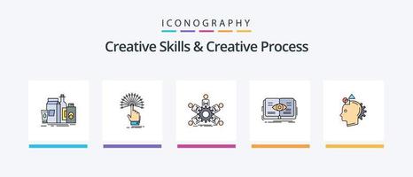 las habilidades creativas y la línea de proceso creativo llenaron el paquete de 5 iconos, incluido el archivo. portafolio. lámpara. teclado. computadora. diseño de iconos creativos vector