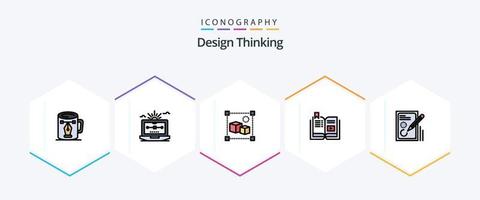 Design Thinking paquete de iconos de 25 líneas completas que incluye tutorial. libro. computadora. caja. archivo vector