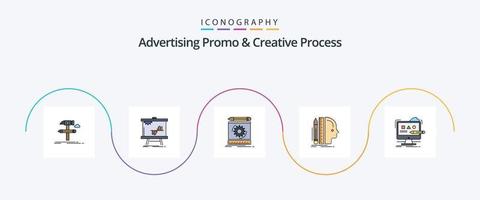 la promoción publicitaria y la línea de proceso creativo llenaron el paquete de iconos planos 5 que incluye la regla. diseño. grafico. creación de prototipos proceso vector