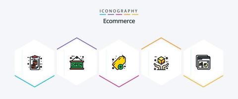 Ecommerce 25 FilledLine icon pack including rate. analysis. add. package. hand vector