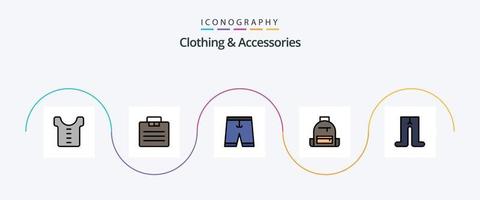 la línea de ropa y accesorios llenó el paquete de iconos planos 5 que incluye al bebé. caminata. vestir. cámping. mochila vector