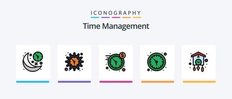 la línea de gestión del tiempo llenó el paquete de 5 íconos, incluido el año. calendario. contrarrestar. todo. tiempo. diseño de iconos creativos vector