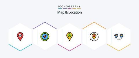 mapa y ubicación Paquete de iconos de 25 líneas completas que incluye marcador. ubicación. alfiler. flecha. alfiler vector