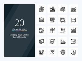 20 Shoping Retail And Video Game Elements Outline icon for presentation vector