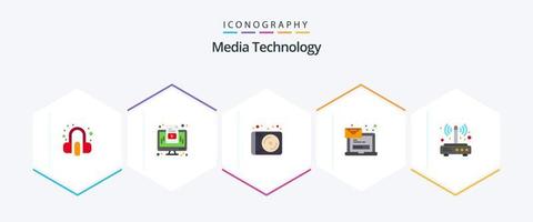 tecnología de medios 25 paquete de iconos planos que incluye módem. mensaje. dispositivo. computadora portátil. computadora vector