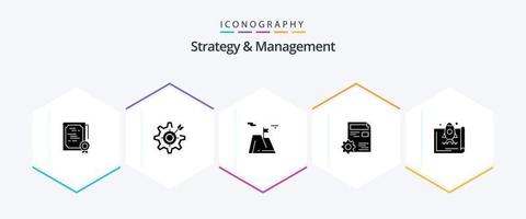 Strategy And Management 25 Glyph icon pack including setting. document. setting. land. sucess vector