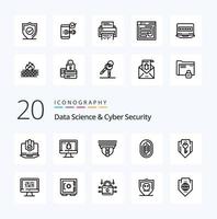 Paquete de iconos de 20 líneas de ciencia de datos y seguridad cibernética como reconocimiento de huellas dactilares error cámara seguridad vector