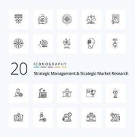 Paquete de 20 iconos de línea de gestión estratégica e investigación de mercado estratégico como ajedrez de estrategia de carrito de planificación de medallas vector