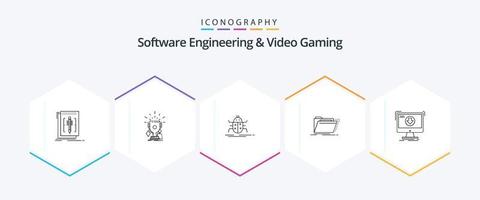 paquete de iconos de 25 líneas de ingeniería de software y videojuegos que incluye directorio. archivo. trofeos virus. insecto vector