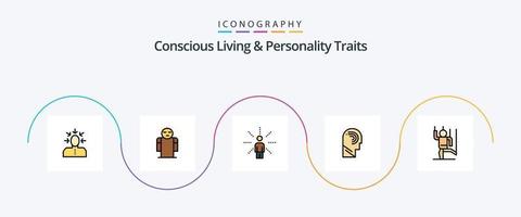 línea de vida consciente y rasgos de personalidad llenos de paquete de iconos planos 5 que incluye la mente. humano. persona. acceso. percepción vector