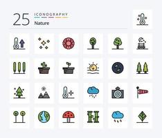 paquete de iconos rellenos de 25 líneas de naturaleza que incluye asiento nocturno. árbol. planetas verano. verano vector