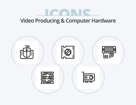 producción de video y diseño de iconos del paquete de iconos de línea de hardware de computadora 5. computadora. caja. llave. atx. procesador vector