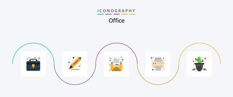 paquete de iconos de 5 planos de oficina que incluye. flor. correo electrónico. cactus. impresora vector