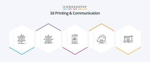 Paquete de iconos de 25 líneas de impresión y comunicación 3D, incluida la red. conexión. red. nube. teléfono inteligente vector