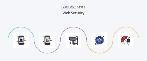 la línea de seguridad web llenó el paquete de iconos planos 5 que incluye protección. proceso. cámara. mejoramiento. correo electrónico vector