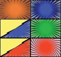 Comic book colorful frames background with halftone rays radial and dotted effects pop art style vector