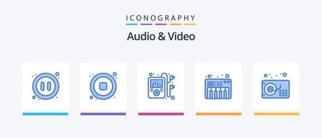 paquete de iconos de audio y video azul 5 que incluye . gramófono. multimedios mp. audio. piano. diseño de iconos creativos vector