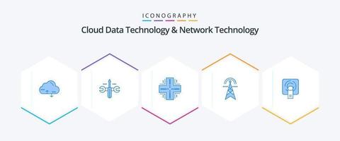 tecnología de datos en la nube y tecnología de red 25 paquete de iconos azules que incluye computación. fuerza. informática. electricidad. servidor vector