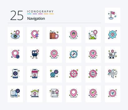 Navigation 25 Line Filled icon pack including location. pin. map. map. user vector