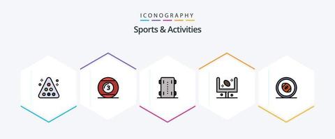 paquete de íconos de 25 líneas completas de deportes y actividades que incluye fútbol. americano. jugar. patineta. deporte vector