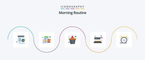 paquete de iconos de 5 planos de rutina matutina que incluye despertador. freír. periódico. cacerola. cocinar vector