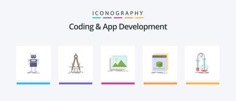 Coding And App Development Flat 5 Icon Pack Including application. software. refinement. photo. landscape. Creative Icons Design vector