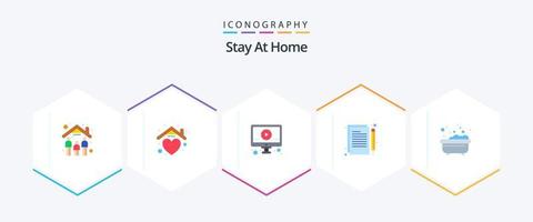 Stay At Home 25 Flat icon pack including bathing. editing. education. writing. content vector