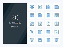 20 iconos de color azul multimedia para presentación vector