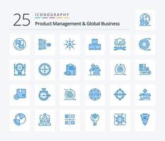 gestión de productos y paquete de iconos de color azul de 25 negocios globales que incluye stock. acciones de la industria. producto. industria. enfocar vector