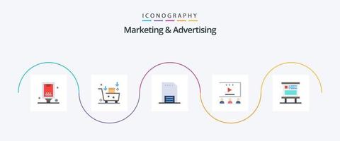 paquete de iconos de 5 planos de marketing y publicidad que incluye publicidad en video. anuncio en línea enviar correos electrónicos papel. mano vector