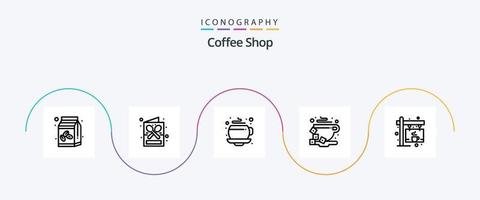 paquete de iconos de la línea 5 de la cafetería que incluye la etiqueta. frijol. comercio. taza. romper vector