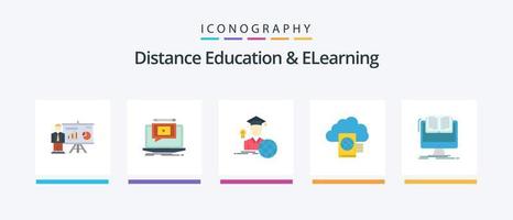 Distance Education And Elearning Flat 5 Icon Pack Including upload. reading. tutorial. cloud. graduate. Creative Icons Design vector