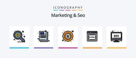 paquete de 5 íconos llenos de línea de marketing y seo que incluye . buscar. buscar. Internet. documento. diseño de iconos creativos vector