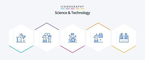 Science And Technology 25 Blue icon pack including lab glassware. erlenmeyer flask. study of earth surface. chemical flask. science folder vector