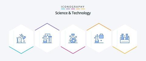 Paquete de 25 íconos azules de ciencia y tecnología que incluye cristalería de laboratorio. matraz erlenmeyer. estudio de la superficie terrestre. matraz químico. carpeta de ciencia vector