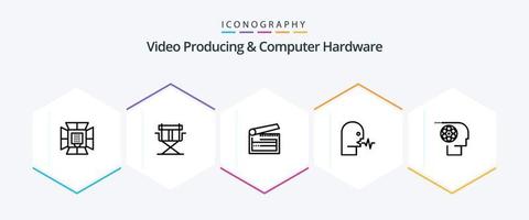 paquete de iconos de 25 líneas de producción de video y hardware de computadora que incluye voz. humano. plegable audio. badajo vector