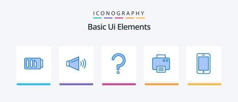 Elementos básicos de la interfaz de usuario azul 5 paquete de iconos, incluido el móvil. máquina. ayuda. impreso. impresora. diseño de iconos creativos vector