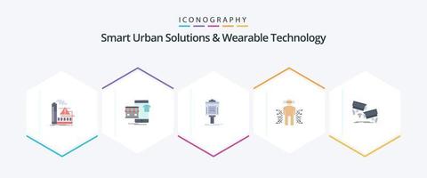 soluciones urbanas inteligentes y tecnología portátil 25 paquetes de iconos planos que incluyen datos. sensor. en línea. valle. servicio vector