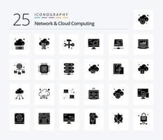 Network And Cloud Computing 25 Solid Glyph icon pack including computing. computing. cloud. online. handset vector