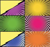 Comic book colorful frames background with halftone rays radial and dotted effects pop art style vector