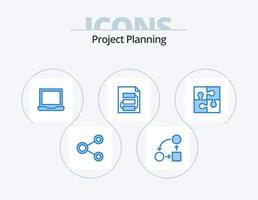 diseño de icono de paquete de icono azul de planificación de proyecto 5. planificación. documento. estrategia. configuración. computadora portátil vector