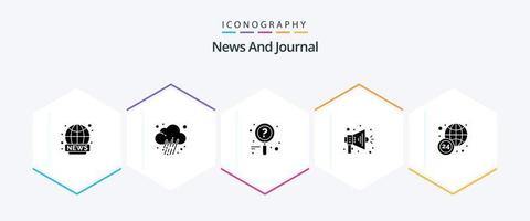 News 25 Glyph icon pack including . news hours. news. world wide. megaphone vector