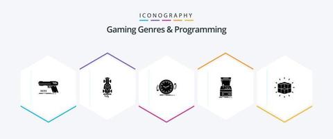 Gaming Genres And Programming 25 Glyph icon pack including game. arcade. racing. time. clockwise vector