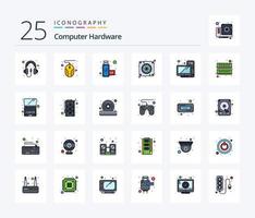 paquete de iconos llenos de 25 líneas de hardware de computadora que incluye monitor. escritorio. puerto. computadora. admirador vector