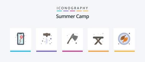 campamento de verano plano 5 paquete de iconos que incluye. pez. hacha. cámping. mesa. diseño de iconos creativos vector