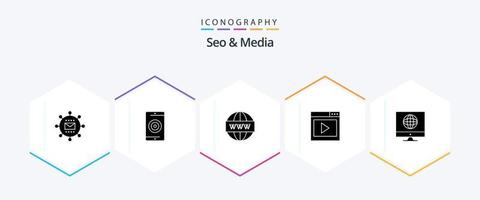 Seo and Media 25 Glyph icon pack including media. interface. optimization. web. search vector